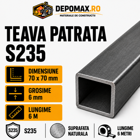 Teava patrata 70 x 70 x 6 mm, 6 metri